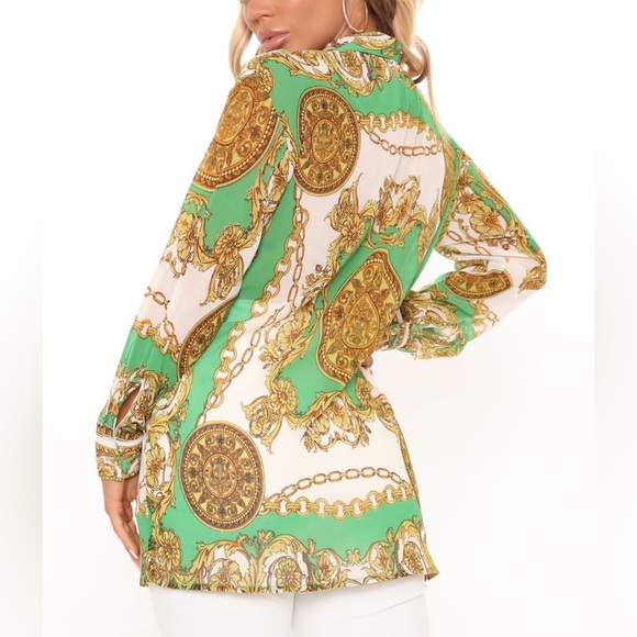 NWT Fashion Nova Crunching The Numbers Printed Shirt - Green/combo Size L - Picture 3 of 15